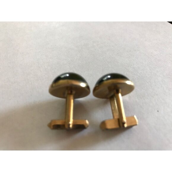 Vtg Gold Colored Cufflinks with Round Green Swirled Rhinestone by Swank - Picture 9 of 9